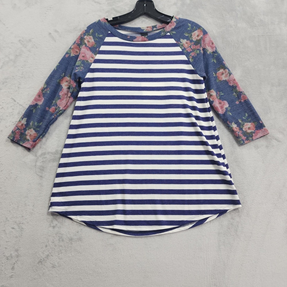 NEW Agnes & Dora Shirt Womens XS Blue Stripe Floral Raglan 3/4 Sleeve Tee Casual